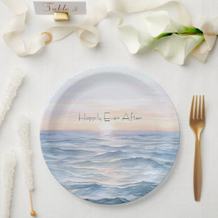 Ocean Sunset Wedding Happily Ever After Paper Plate