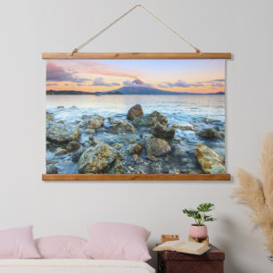 Ocean Sunset With Gentle Waves & Volcano Hanging Tapestry
