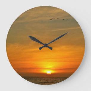 OCEAN SUNSET WITH MIGRATING BIRDS LARGE CLOCK