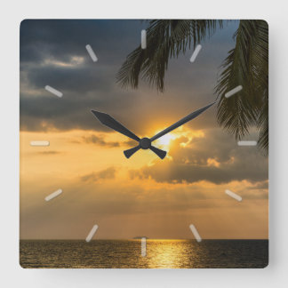 Ocean Sunset with Palm Tree Fronds Square Wall Clock
