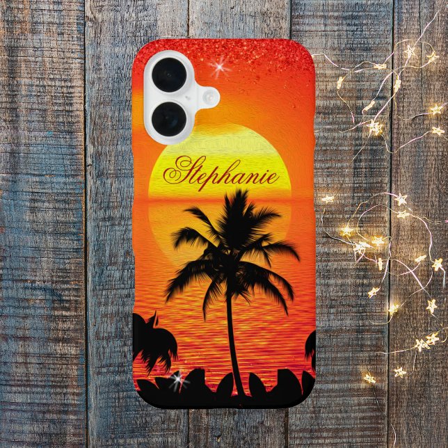 Ocean sunset with Palm Tree Personalised iPhone 16 Case (Ocean Sunset with Palm Trees Phone Case)