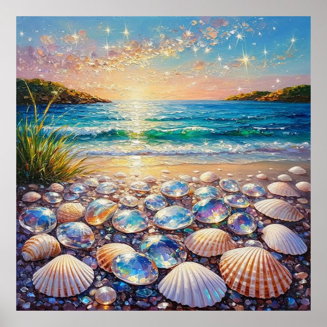 Ocean Sunset with Seashells and Jewels Reflecting Poster (Front)