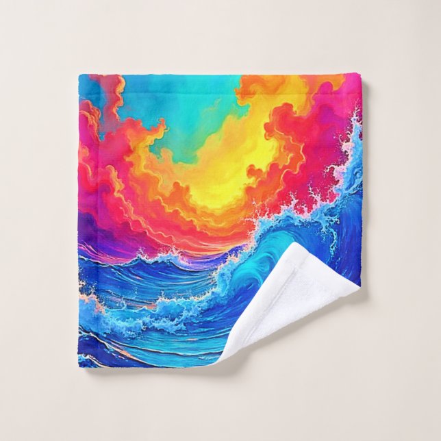 Ocean Surge: Radiant Sunset Wave Bath Towel Set (Wash Cloth)