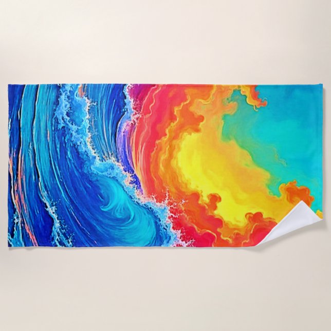 Ocean Surge: Radiant Sunset Wave Beach Towel (Front)