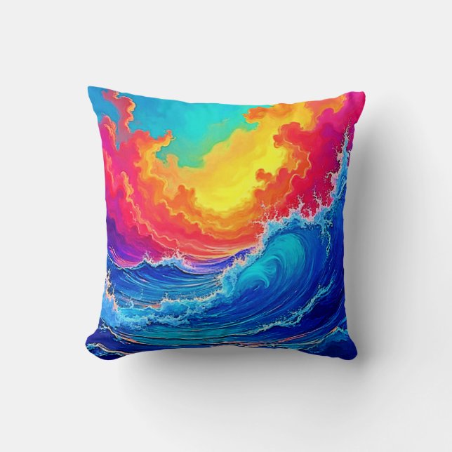 Ocean Surge: Radiant Sunset Wave Cushion (Front)