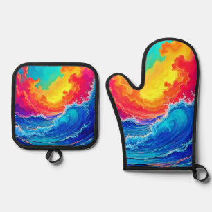 Ocean Surge: Radiant Sunset Wave Oven Mitt & Pot Holder Set