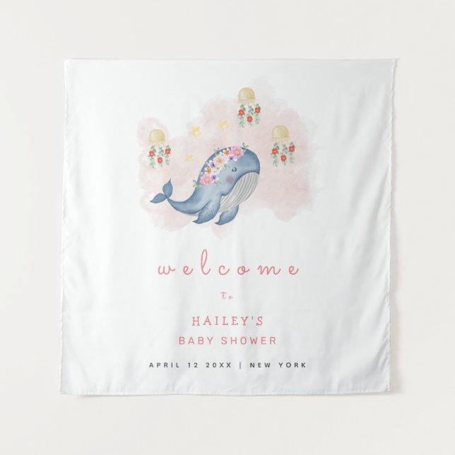 Ocean Sweet Whale Floral Baby Shower Welcome Sign  Tapestry (Front)