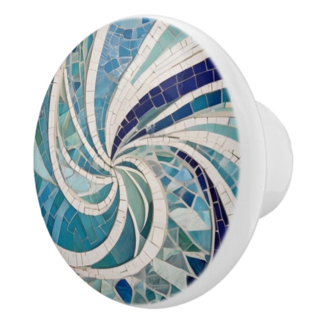 Ocean Swirl Whirling Blue & White Sea theme Mosaic Ceramic Knob (Right)