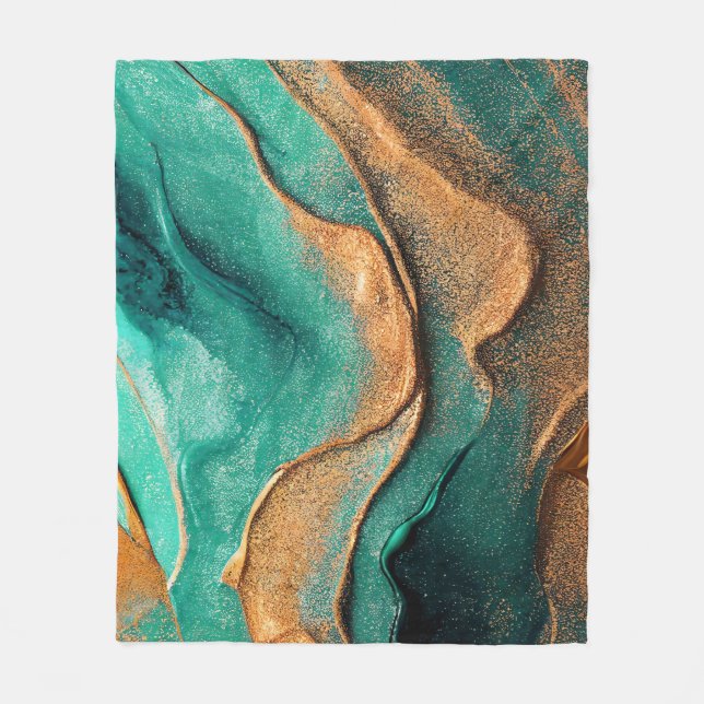 Ocean Teal and Bronze Abstract Art Fleece Blanket (Front)