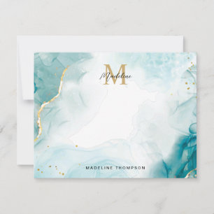 Ocean Teal Blue Gold Watercolor Splash Monogram Card