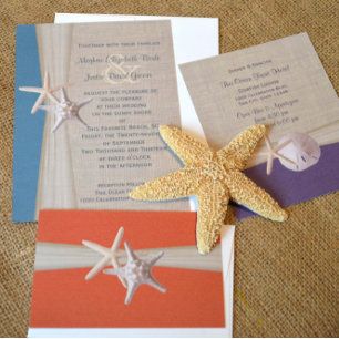 Ocean Teal Burlap and Starfish Beach Wedding Invitation