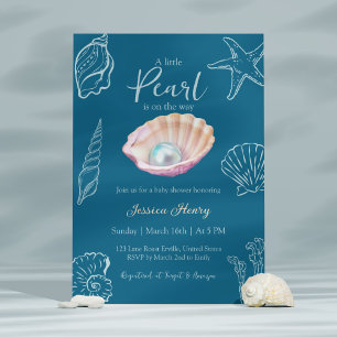 Ocean Teal Little Pearl On the Way Baby Shower Invitation