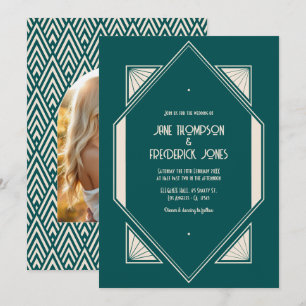Ocean Teal & Pale Sand Art Deco Wedding Photo Invitation