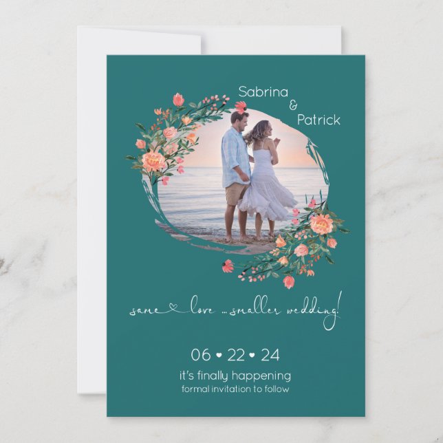 Ocean Teal Photo Frame Floral  Save The Date (Front)