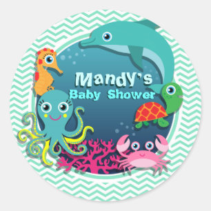 Ocean Theme Baby Shower; Aqua Green Chevron Classic Round Sticker