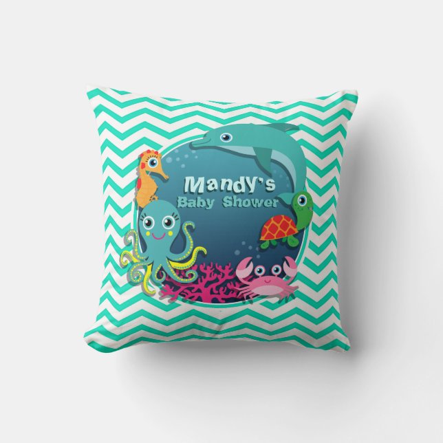 Ocean Theme Baby Shower; Aqua Green Chevron Cushion (Front)