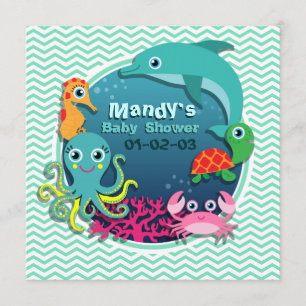 Ocean Theme Baby Shower; Aqua Green Chevron Invitation