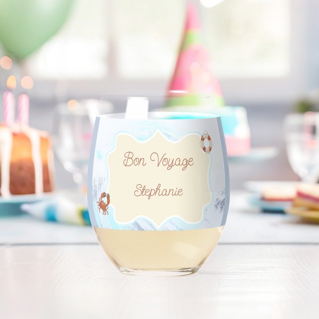 Ocean Theme Bon Voyage Personalised with Name Stemless Wine Glass (Insitu (Birthday))