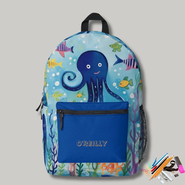 Ocean Theme Octopus Print Modern Monogram  Printed Backpack (Creator Uploaded)