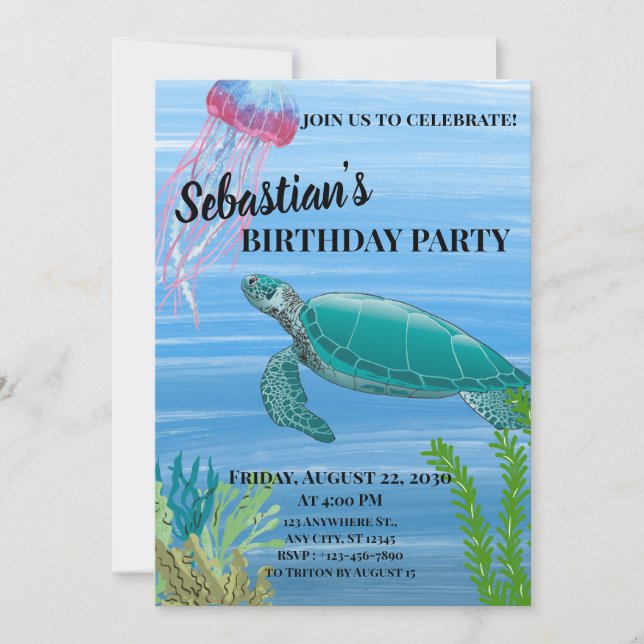 Ocean Theme Turtle and Jellyfish Invitation (Front)