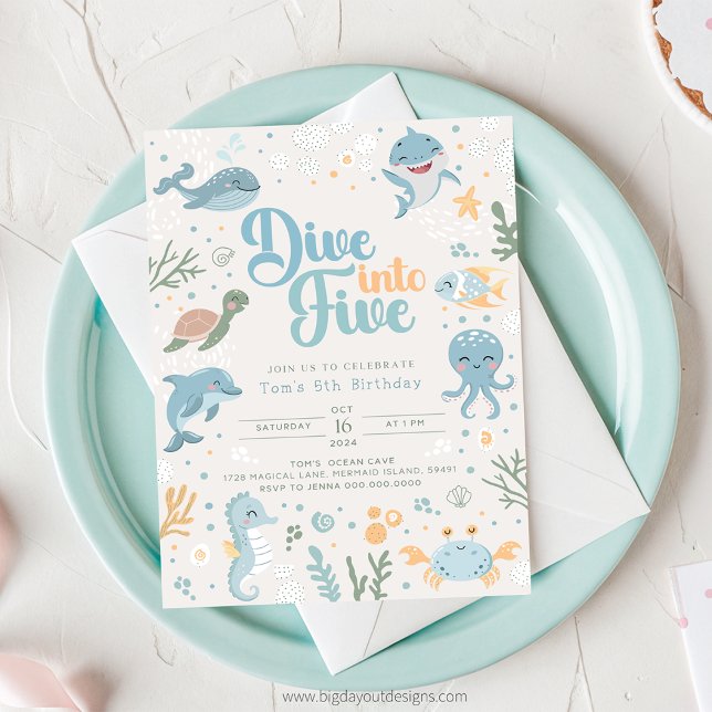 Ocean Themed 6th Birthday Invitation. Kids Ocean Invitation (Under the Sea - Boy 5th Birthday Invitation)
