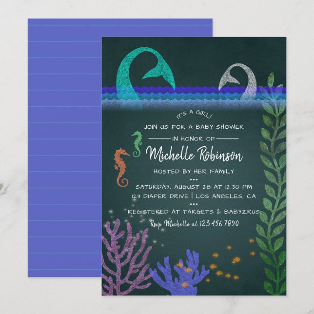 Ocean themed Mermaid Chalkboard Baby Shower Invite (Front/Back)