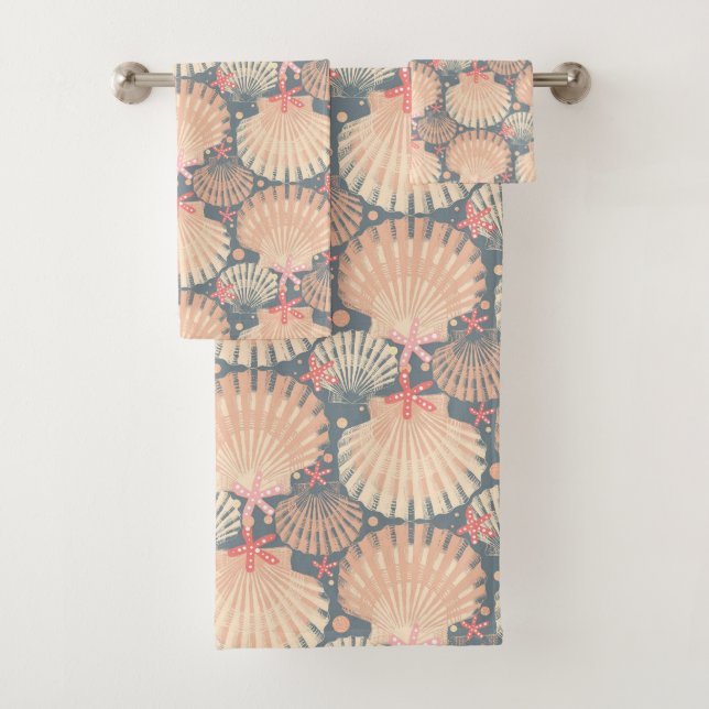Ocean Treasures Grey with seashells and starfish Bath Towel Set (Insitu)