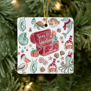Ocean Treasures Seas & Greetings Coastal Christmas Ceramic Ornament