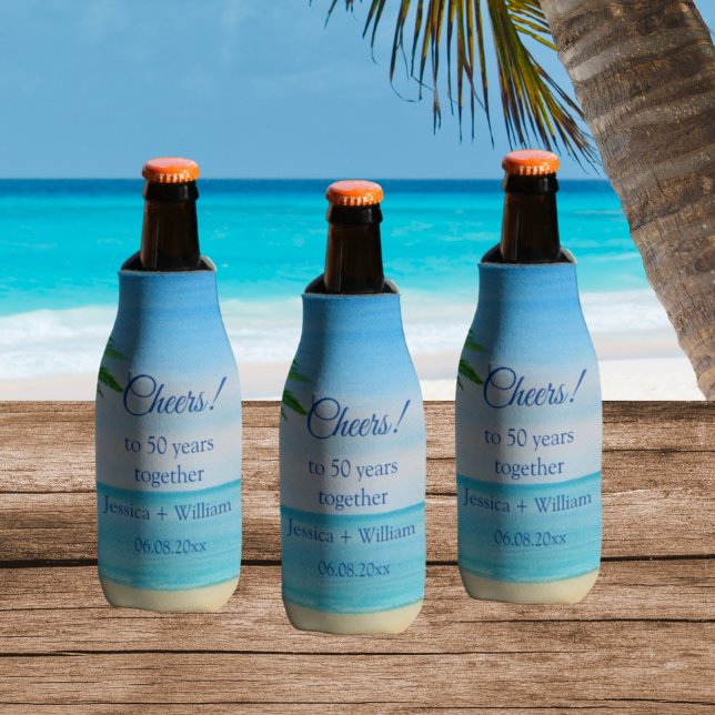 Ocean Tropical Golden 50th Wedding Anniversary  Bottle Cooler (Creator Uploaded)