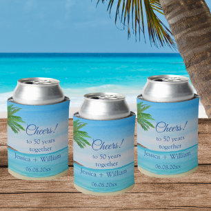 Ocean Tropical Golden 50th Wedding Anniversary  Can Cooler