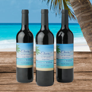 Ocean Tropical Golden 50th Wedding Anniversary  Wine Label