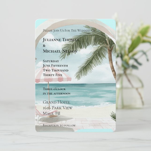 Ocean Tropical Palm Tree Wedding Invitation (Standing Front)