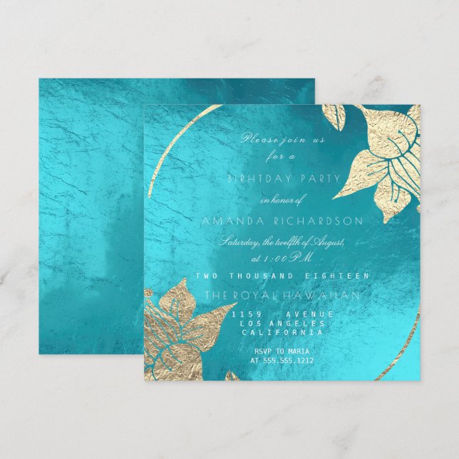 Ocean Turquoise Champaign Floral  Birthday Party Invitation (Front/Back)