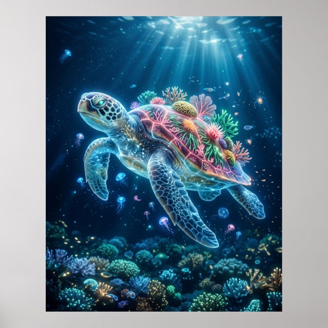 Ocean Turtle Bioluminescent Drift Art Poster (Front)