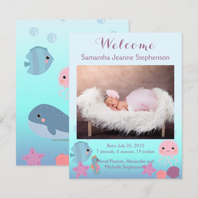 Ocean Under the Sea Girl Photo Birth Announcement (Front/Back)