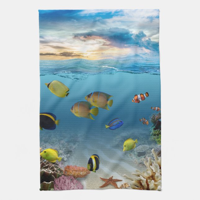 Ocean Underwater Coral Reef Tropical Fish Tea Towel (Vertical)