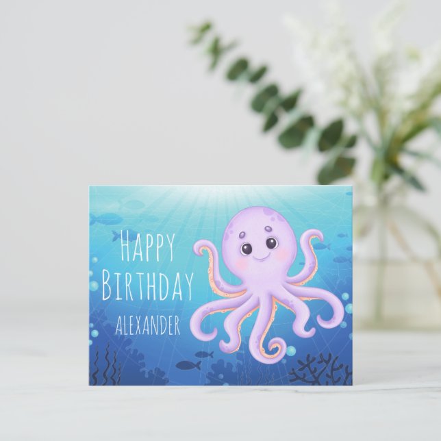 Ocean Underwater Cute Octopus Happy Birthday Postcard (Standing Front)