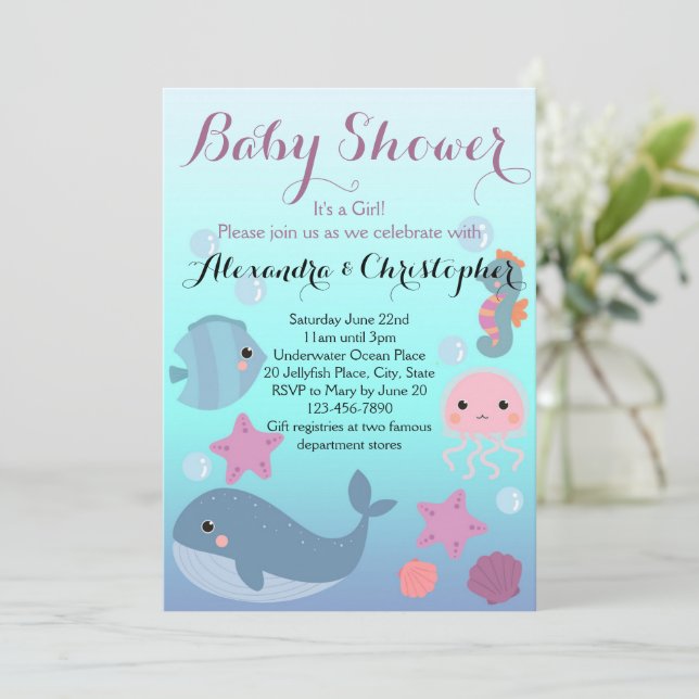 Ocean Underwater Sea Animal Beach Girl Baby Shower Invitation (Standing Front)