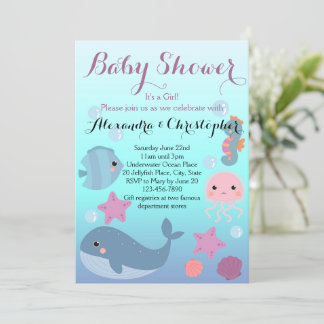 Ocean Underwater Sea Animal Beach Girl Baby Shower Invitation
