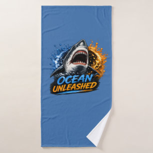 Ocean Unleashed Shark – Bold Blue & Orange Splash  Bath Towel