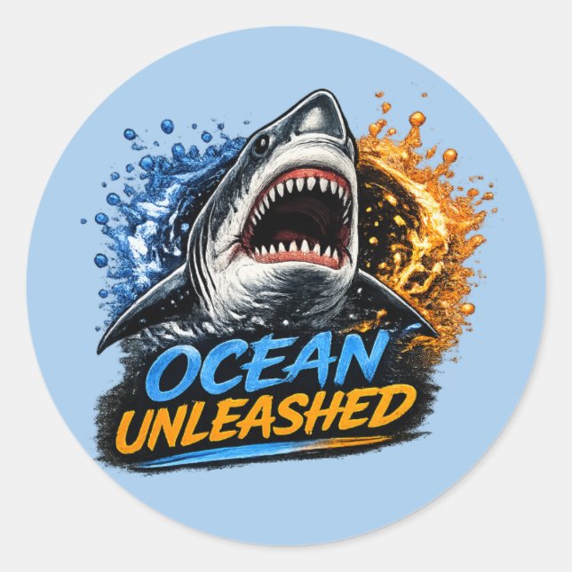 Ocean Unleashed Shark – Bold Blue & Orange Splash  Classic Round Sticker (Front)