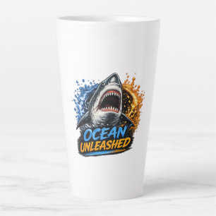 Ocean Unleashed Shark – Bold Blue & Orange Splash Latte Mug