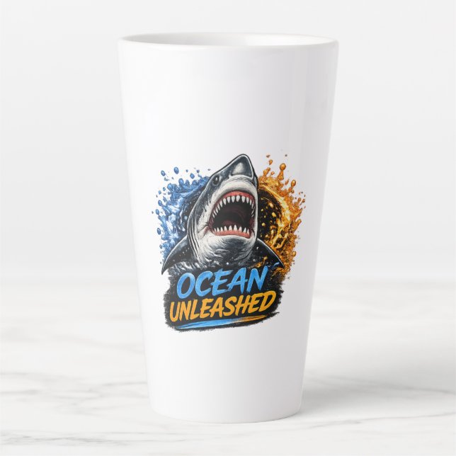 Ocean Unleashed Shark – Bold Blue & Orange Splash  Latte Mug (Front)
