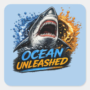 Ocean Unleashed Shark – Bold Blue & Orange Splash  Square Sticker