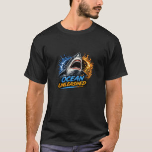 Ocean Unleashed Shark – Bold Blue & Orange Splash  T-Shirt