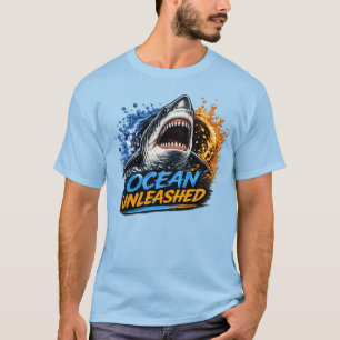 Ocean Unleashed Shark – Bold Blue & Orange Splash  T-Shirt