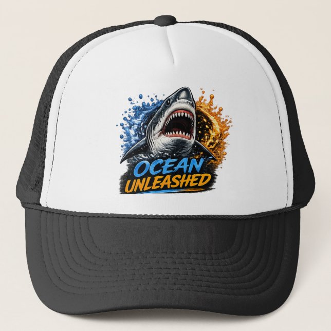 Ocean Unleashed Shark – Bold Blue & Orange Splash  Trucker Hat (Front)