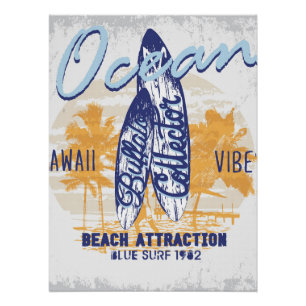 Ocean Vibes Poster – Retro Surfboard Design, Beach