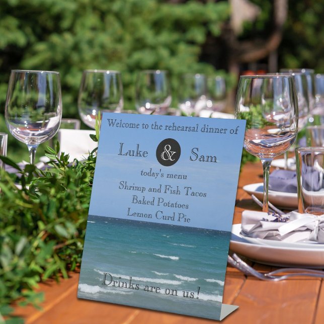 Ocean View Beach Rehearsal Dinner Menu Pedestal Sign (Creator Uploaded)