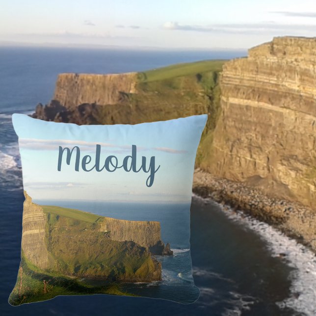 Ocean View Deep Blue Seaside Cliffs Named Photo Cushion (Front with Background)